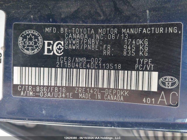 2013 Toyota Corolla Ce მანქანა იყიდება აუქციონზე, vin: 2T1BU4EE4DC113518, აუქციონის ნომერი: 12629380