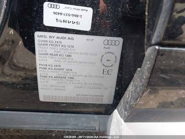 12629389 :رقم المزاد ، WA1ANAFY0J2095006 vin ، 2018 Audi Q5 2.0t Komfort مزاد بيع