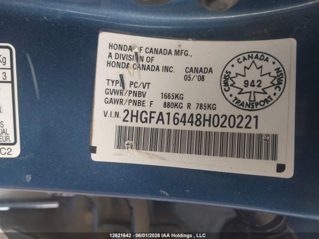 2008 Honda Civic Dx-g მანქანა იყიდება აუქციონზე, vin: 2HGFA16448H020221, აუქციონის ნომერი: 12621642