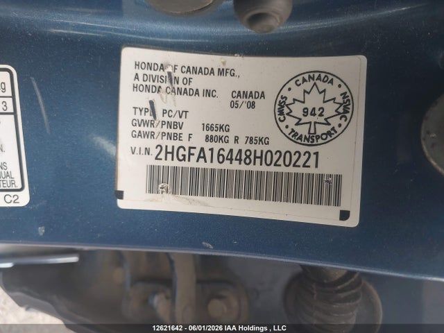 2008 Honda Civic Dx-g მანქანა იყიდება აუქციონზე, vin: 2HGFA16448H020221, აუქციონის ნომერი: 12621642