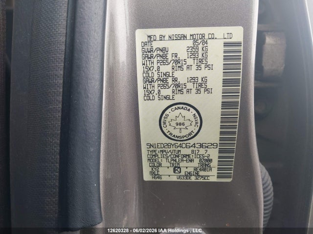 12620328 :رقم المزاد ، 5N1ED28Y64C643629 vin ، 2004 Nissan Xterra Se مزاد بيع
