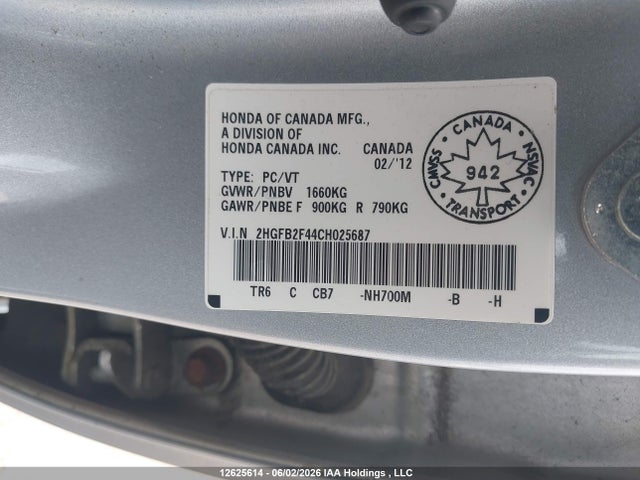 2012 Honda Civic Lx მანქანა იყიდება აუქციონზე, vin: 2HGFB2F44CH025687, აუქციონის ნომერი: 12625614