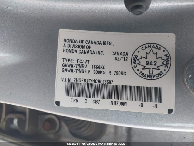 2012 Honda Civic Lx მანქანა იყიდება აუქციონზე, vin: 2HGFB2F44CH025687, აუქციონის ნომერი: 12625614