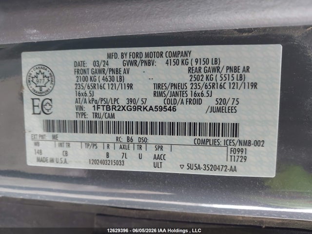 Продажа на аукционе авто 2024 Ford Transit T-250, vin: 1FTBR2XG9RKA59546, номер лота: 12629396