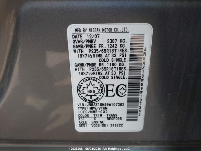 Продажа на аукционе авто 2009 Nissan Murano Sl, vin: JN8AZ18W99W107362, номер лота: 12626268