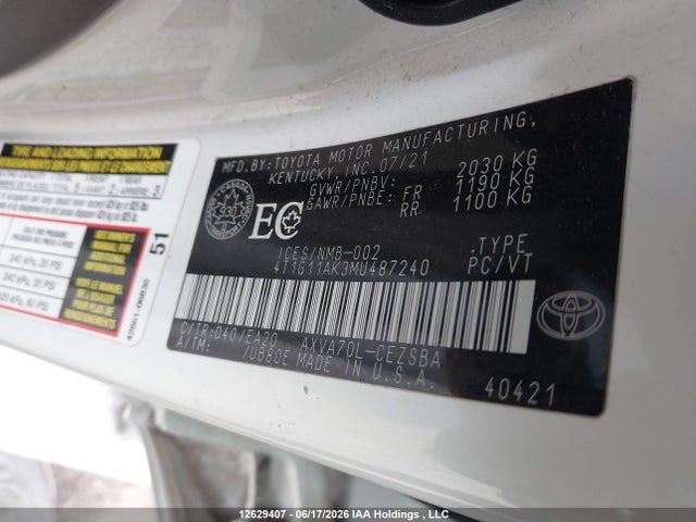 Aukcja sprzedaży 2021 Toyota Camry Se, vin: 4T1G11AK3MU487240, numer aukcji: 12629407