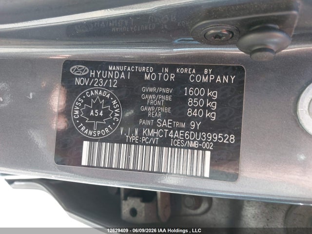 12629409 :رقم المزاد ، KMHCT4AE6DU399528 vin ، 2013 Hyundai Accent Gls/gs مزاد بيع