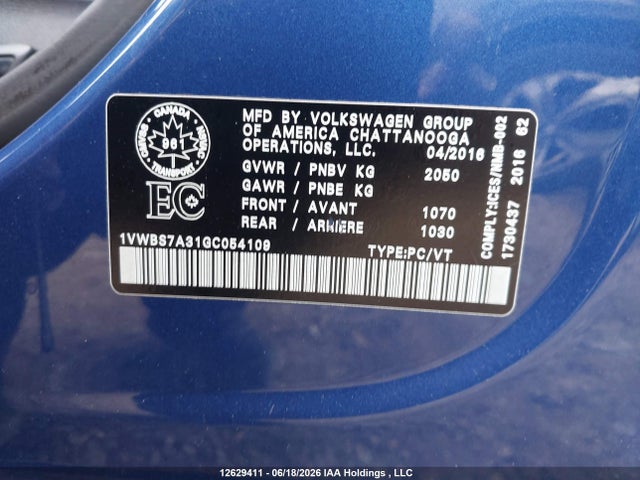 1VWBS7A31GC054109 Volkswagen Passat