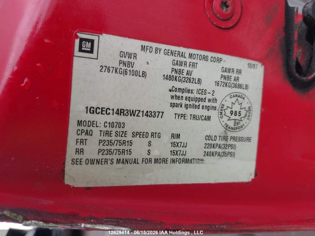 Aukcja sprzedaży 1998 Chevrolet C1500 Cheyenne, vin: 1GCEC14R3WZ143377, numer aukcji: 12629414
