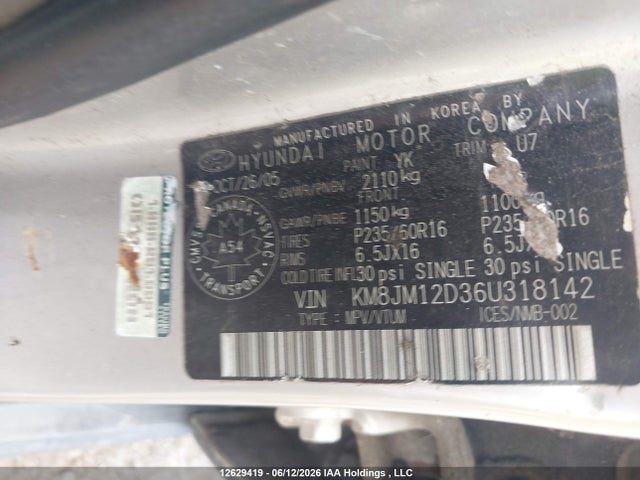 Продаж на аукціоні авто 2006 Hyundai Tucson, vin: KM8JM12D36U318142, номер лоту: 12629419