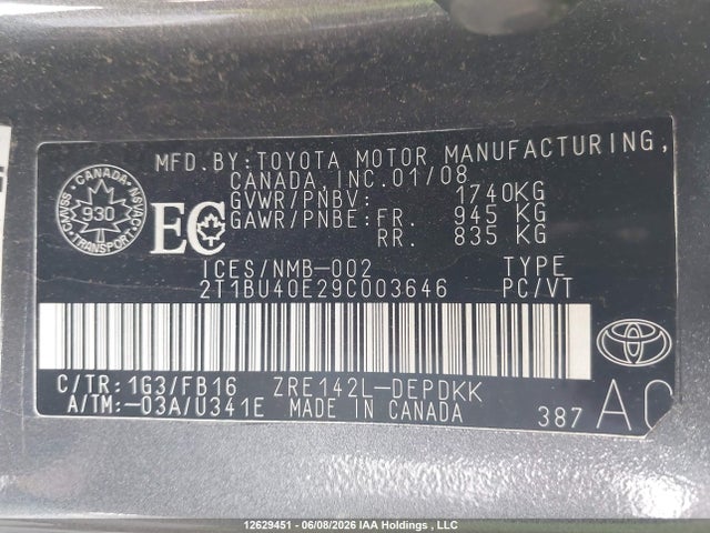 2009 Toyota Corolla S/le/xle მანქანა იყიდება აუქციონზე, vin: 2T1BU40E29C003646, აუქციონის ნომერი: 12629451