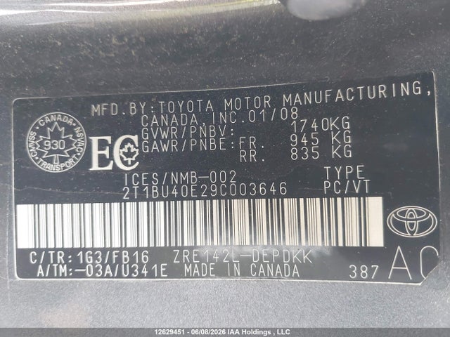 2009 Toyota Corolla S/le/xle მანქანა იყიდება აუქციონზე, vin: 2T1BU40E29C003646, აუქციონის ნომერი: 12629451