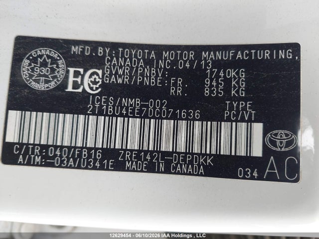 12629454 :رقم المزاد ، 2T1BU4EE7DC071636 vin ، 2013 Toyota Corolla S/le مزاد بيع
