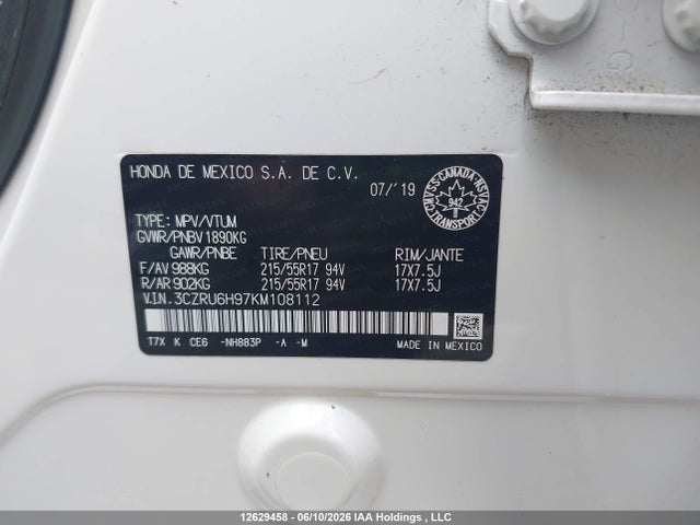 Продаж на аукціоні авто 2019 Honda Hr-v Touring, vin: 3CZRU6H97KM108112, номер лоту: 12629458