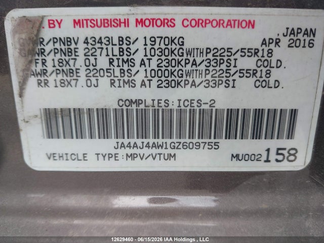 JA4AJ4AW1GZ609755 Mitsubishi Rvr Gt