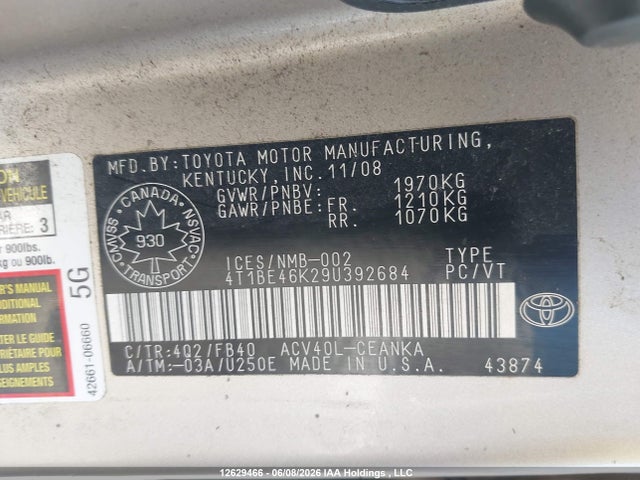 12629466 :رقم المزاد ، 4T1BE46K29U392684 vin ، 2009 Toyota Camry Le مزاد بيع