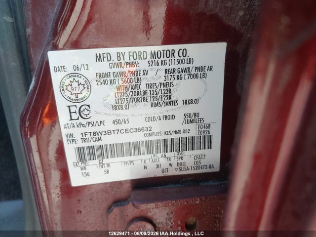 2012 Ford F350 Super Duty მანქანა იყიდება აუქციონზე, vin: 1FT8W3BT7CEC36632, აუქციონის ნომერი: 12629471