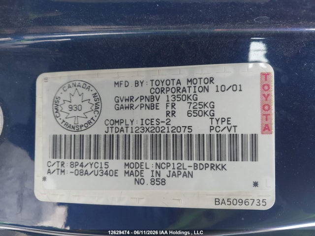 2002 Toyota Echo მანქანა იყიდება აუქციონზე, vin: JTDAT123X20212075, აუქციონის ნომერი: 12629474