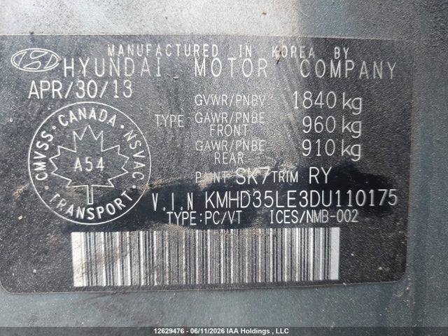 2013 Hyundai Elantra Gt Gls მანქანა იყიდება აუქციონზე, vin: KMHD35LE3DU110175, აუქციონის ნომერი: 12629476