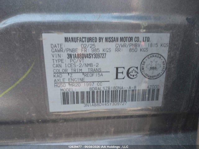 Продаж на аукціоні авто 2025 Nissan Sentra Sr Mt 6mt/sr Premium Cvt, vin: 3N1AB8DV4SY309727, номер лоту: 12629477