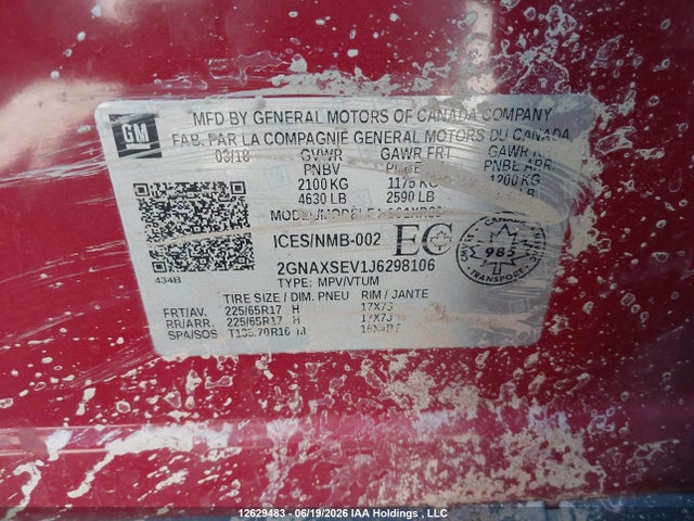 Aukcja sprzedaży 2018 Chevrolet Equinox Lt, vin: 2GNAXSEV1J6298106, numer aukcji: 12629483