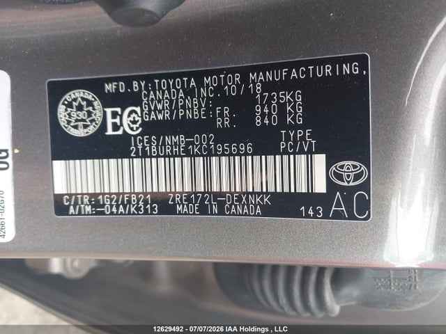 2019 Toyota Corolla L/le/xle/se/xse მანქანა იყიდება აუქციონზე, vin: 2T1BURHE1KC195696, აუქციონის ნომერი: 12629492