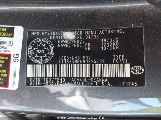 2009 Toyota Camry Se/le/xle მანქანა იყიდება აუქციონზე, vin: 4T1BE46K69U825729, აუქციონის ნომერი: 12629503