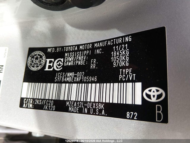 Aukcja sprzedaży 2022 Toyota Corolla Se, vin: 5YFB4MBEXNP105946, numer aukcji: 12629514