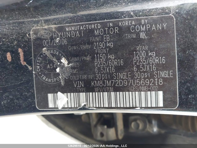 Продаж на аукціоні авто 2007 Hyundai Tucson Gl/gls, vin: KM8JM72D97U569218, номер лоту: 12629515