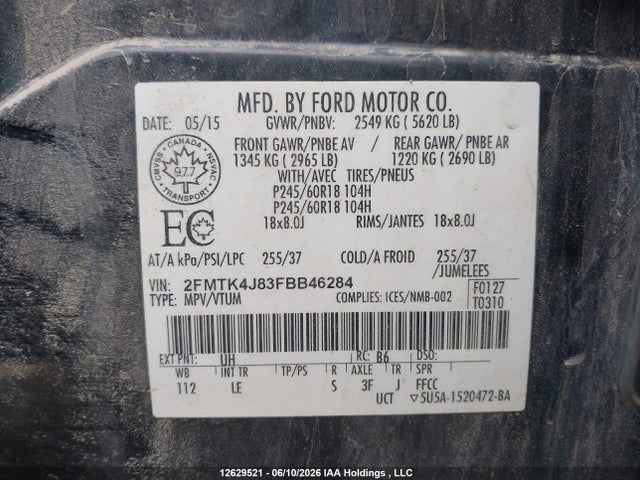 12629521 :رقم المزاد ، 2FMTK4J83FBB46284 vin ، 2015 Ford Edge Sel مزاد بيع