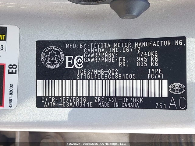 2012 Toyota Corolla S/le მანქანა იყიდება აუქციონზე, vin: 2T1BU4EE9CC891005, აუქციონის ნომერი: 12629527