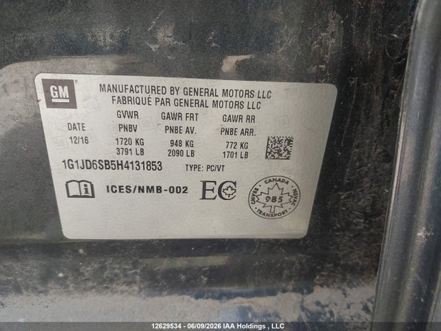 2017 Chevrolet Sonic Lt მანქანა იყიდება აუქციონზე, vin: 1G1JD6SB5H4131853, აუქციონის ნომერი: 12629534