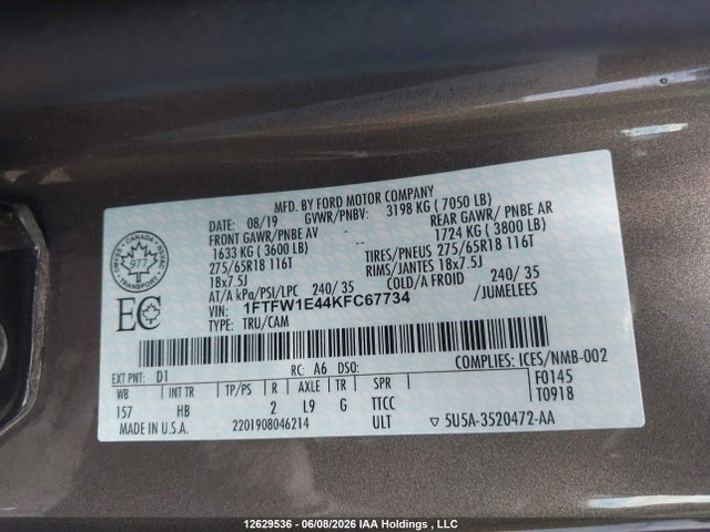 12629536 :رقم المزاد ، 1FTFW1E44KFC67734 vin ، 2019 Ford F150 Supercrew مزاد بيع