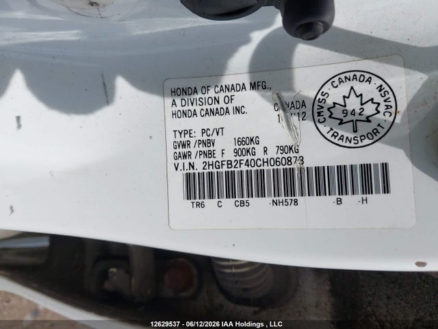 Продажа на аукционе авто 2012 Honda Civic Lx, vin: 2HGFB2F40CH060873, номер лота: 12629537