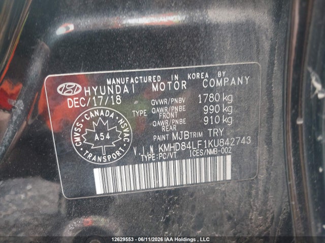 12629553 :رقم المزاد ، KMHD84LF1KU842743 vin ، 2019 Hyundai Elantra Preferred مزاد بيع