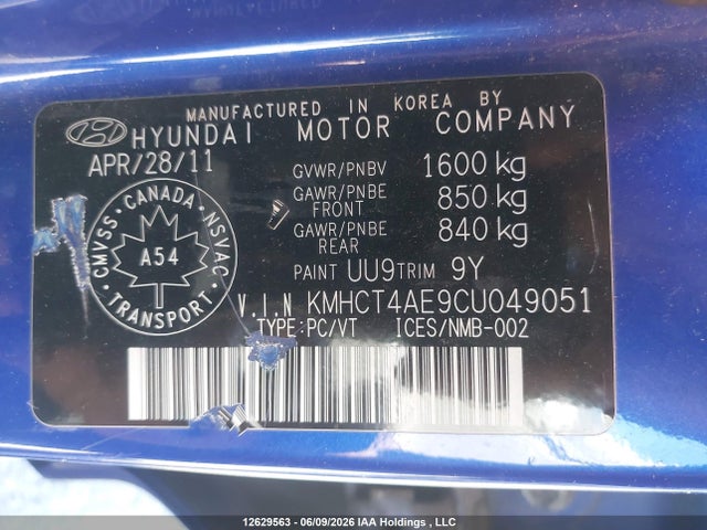 12629563 :رقم المزاد ، KMHCT4AE9CU049051 vin ، 2012 Hyundai Accent Gls/gs مزاد بيع