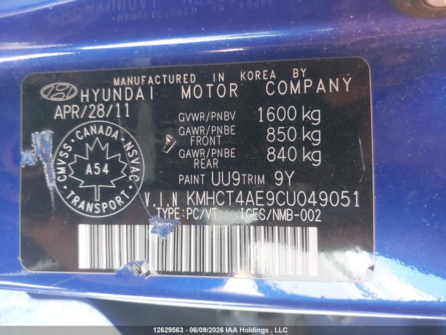 12629563 :رقم المزاد ، KMHCT4AE9CU049051 vin ، 2012 Hyundai Accent Gls/gs مزاد بيع