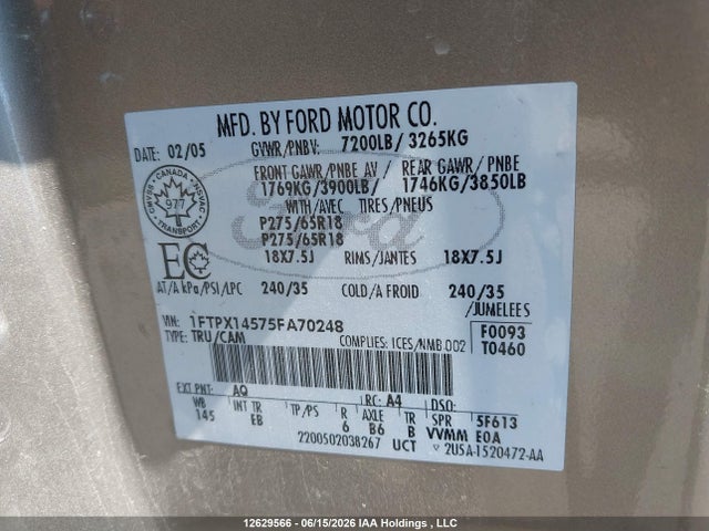 12629566 :رقم المزاد ، 1FTPX14575FA70248 vin ، 2005 Ford F-150 Fx4/lariat/xl/xlt مزاد بيع