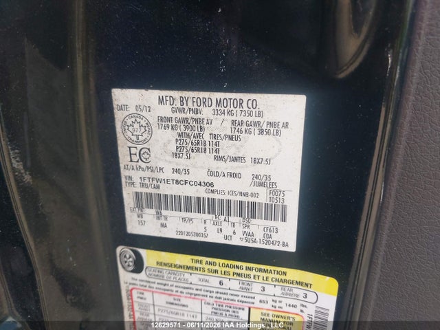 Продажа на аукционе авто 2012 Ford F-150, vin: 1FTFW1ET8CFC04306, номер лота: 12629571