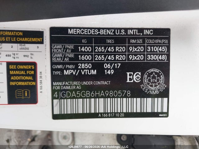 2017 Mercedes-benz Gle 400 4matic მანქანა იყიდება აუქციონზე, vin: 4JGDA5GB6HA980578, აუქციონის ნომერი: 12629577