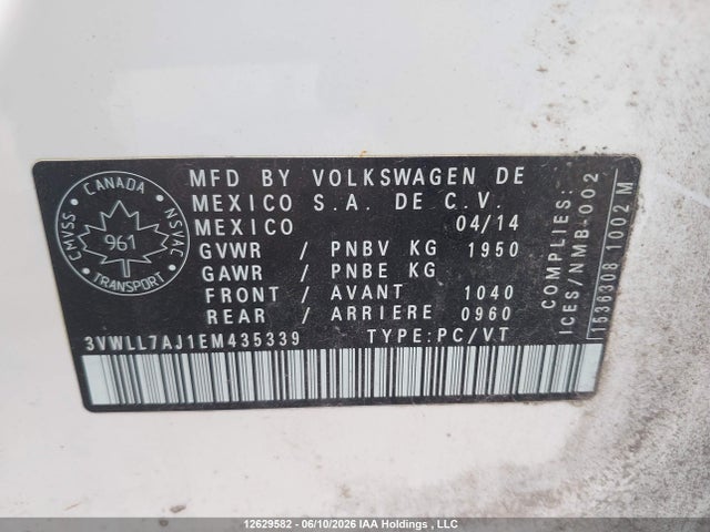 12629582 :رقم المزاد ، 3VWLL7AJ1EM435339 vin ، 2014 Volkswagen Jetta مزاد بيع