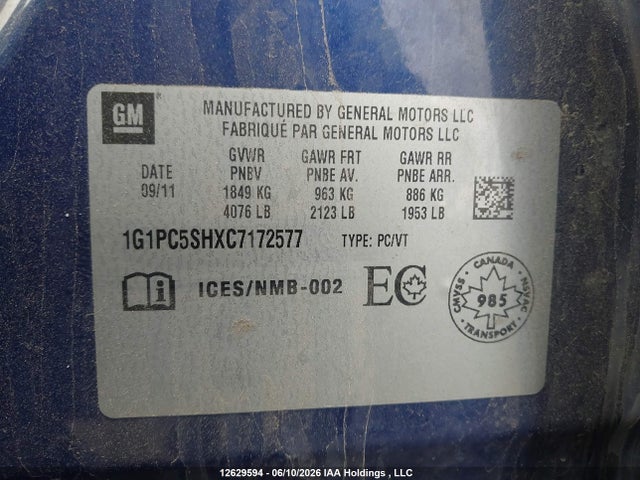 Продаж на аукціоні авто 2012 Chevrolet Cruze, vin: 1G1PC5SHXC7172577, номер лоту: 12629594