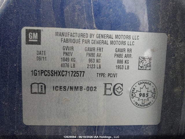 Продаж на аукціоні авто 2012 Chevrolet Cruze, vin: 1G1PC5SHXC7172577, номер лоту: 12629594