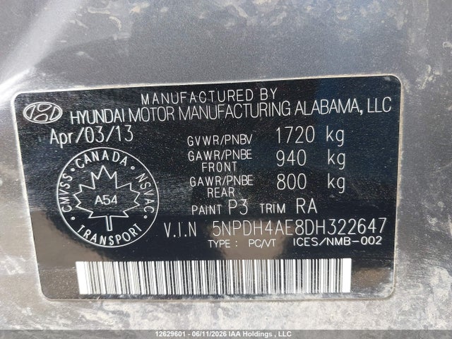 2013 Hyundai Elantra Limited მანქანა იყიდება აუქციონზე, vin: 5NPDH4AE8DH322647, აუქციონის ნომერი: 12629601