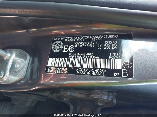 2019 Toyota Yaris Le მანქანა იყიდება აუქციონზე, vin: VNKKTUD35KA101146, აუქციონის ნომერი: 12629622