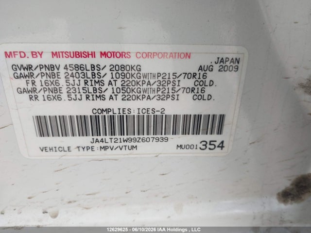 Продаж на аукціоні авто 2009 Mitsubishi Outlander Es, vin: JA4LT21W99Z607939, номер лоту: 12629625