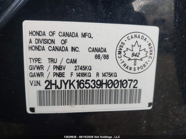 12629626 :رقم المزاد ، 2HJYK16539H001072 vin ، 2009 Honda Ridgeline Ex-l/vp مزاد بيع
