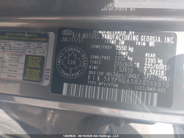 Продажа на аукционе авто 2018 Kia Sorento Ex, vin: 5XYPHDA58JG369970, номер лота: 12629630