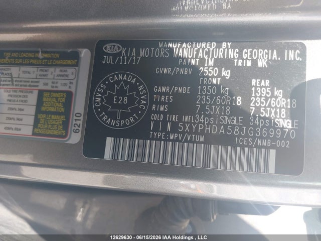 Продажа на аукционе авто 2018 Kia Sorento Ex, vin: 5XYPHDA58JG369970, номер лота: 12629630