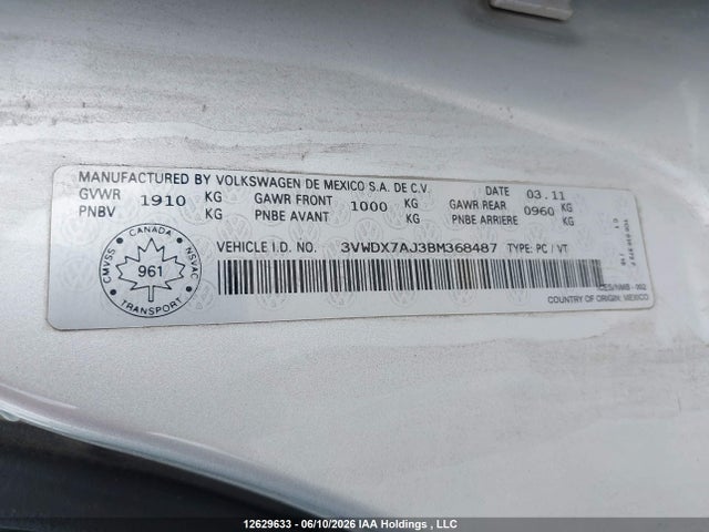 12629633 :رقم المزاد ، 3VWDX7AJ3BM368487 vin ، 2011 Volkswagen Jetta Se مزاد بيع